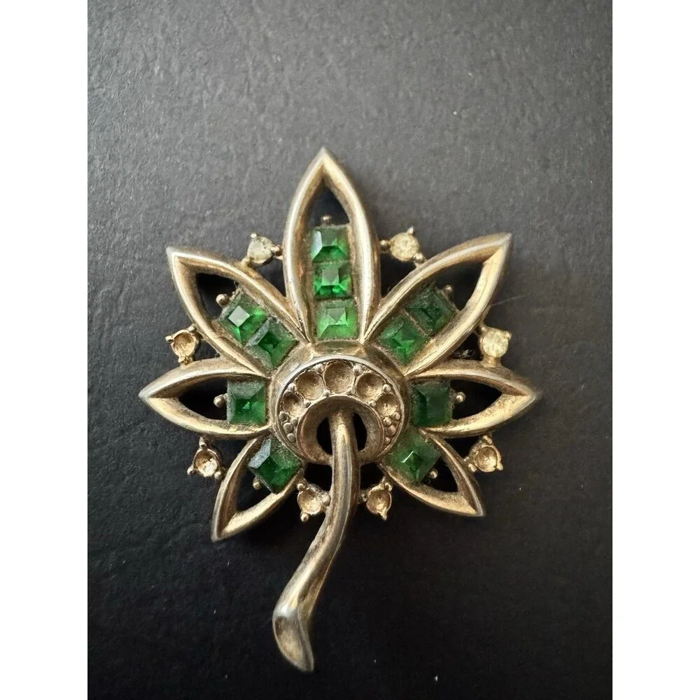 Vintage Green Rhinestone Cannabis Pot Leaf Brooch Parts Repair Art Deco